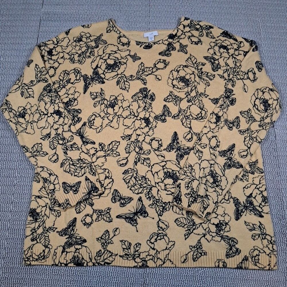 JJill M Yellow Sweater Navy Floral Butterfly Long Sleeve Soft Sping Cottage Core